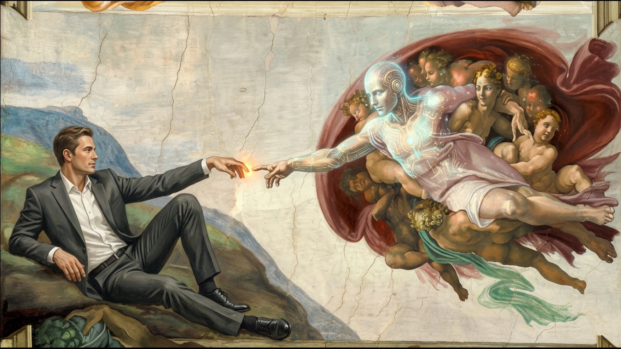 A businessman reaching toward a glowing AI agent, in the pose of the Creation of Adam fresco